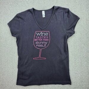 Chris's Stuff Wine Tastes Better Than Skinny Feels V-Neck Tee Women Black M